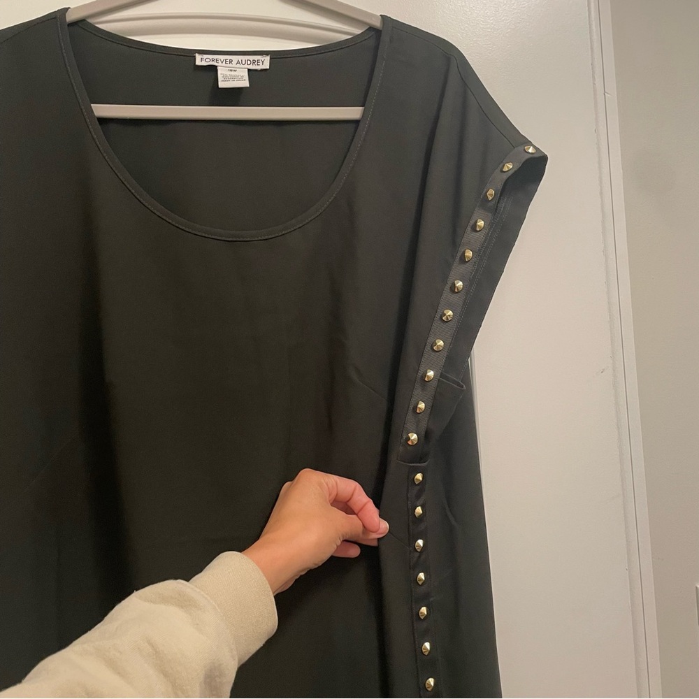 Black Midi Dress, Heavy Gold Studs, Scoop Neck, Rock n Roll, Flowy, Goth, Moto - Picture 7 of 10